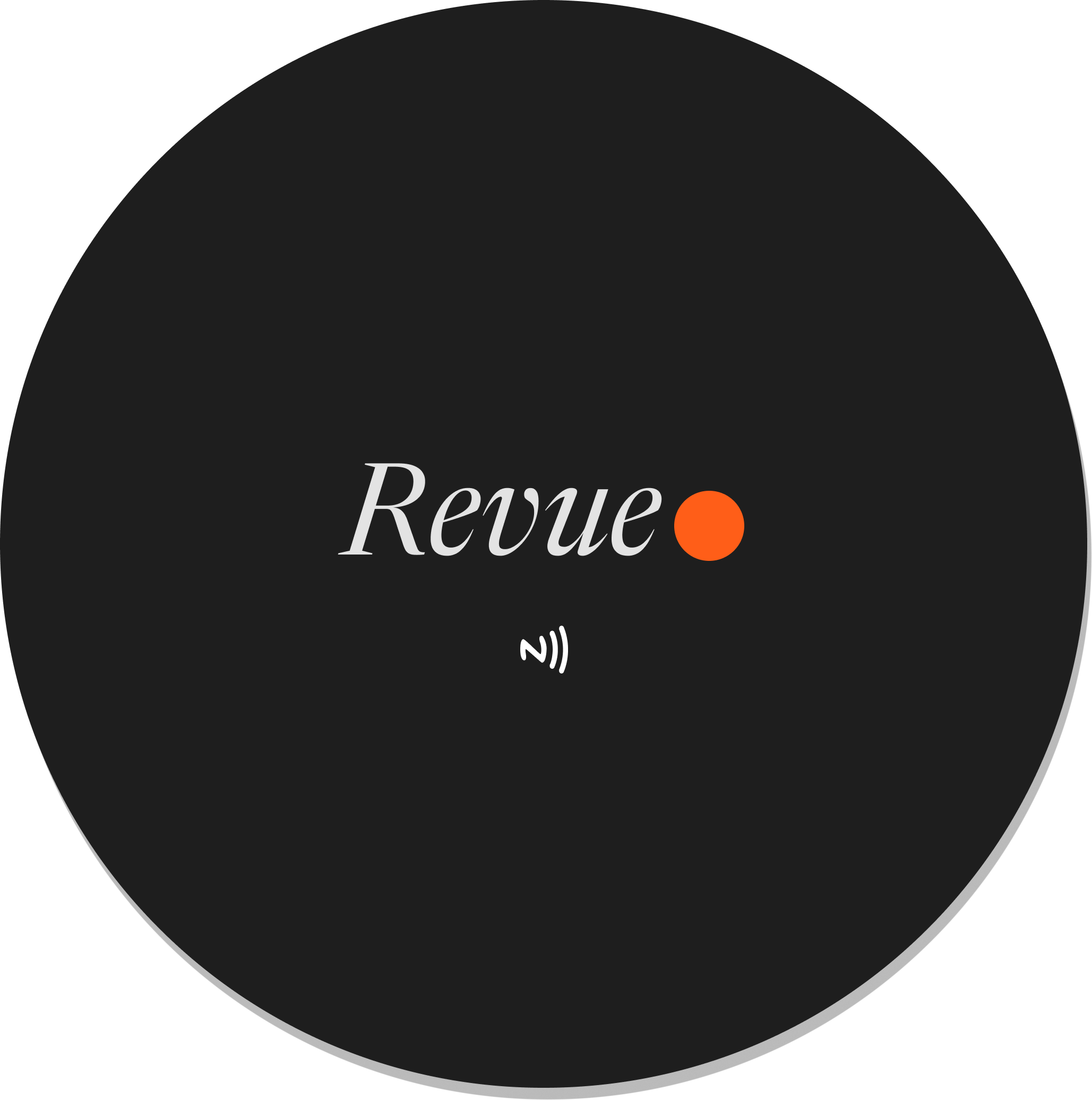 Revue NFC sticker — black circle with Revue wordmark and NFC symbol